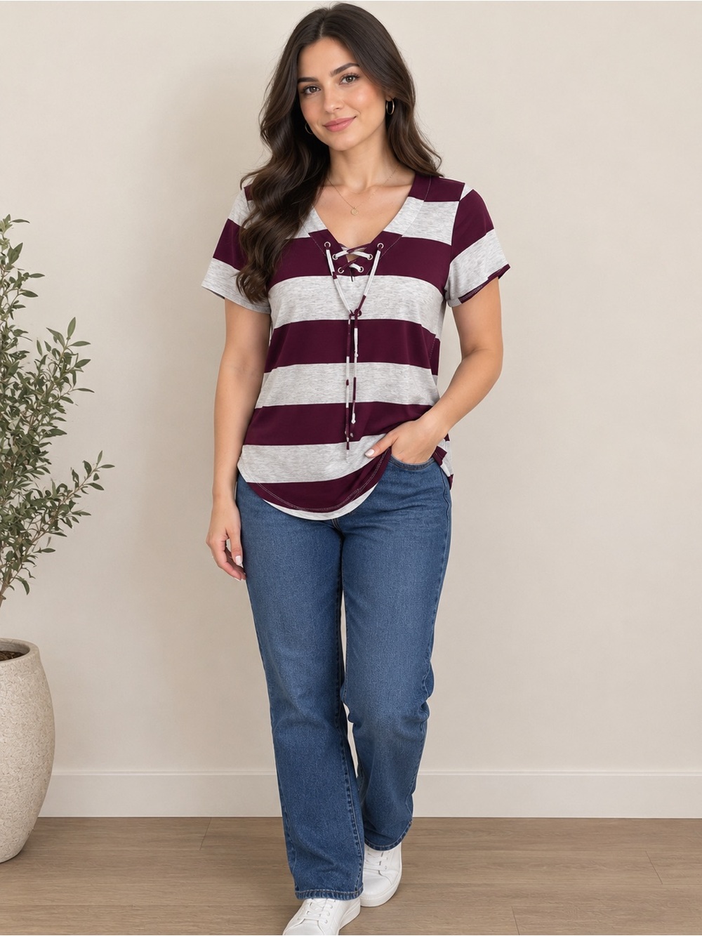 Rue21 Burgundy & Light Gray Striped Lace-Up V-Neck Tee